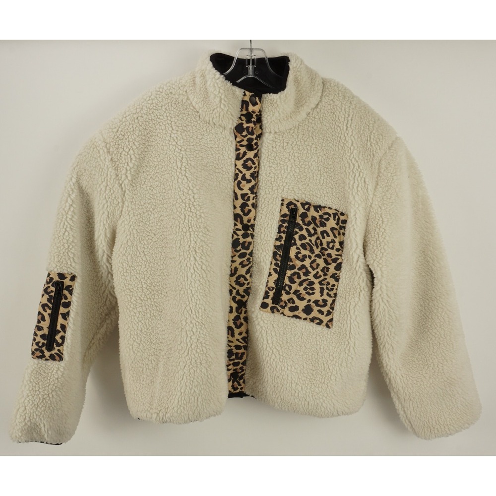 New RAILS Dean Ivory Leopard Womens XL Plush Sherpa Fleece Full Zip Teddy Jacket